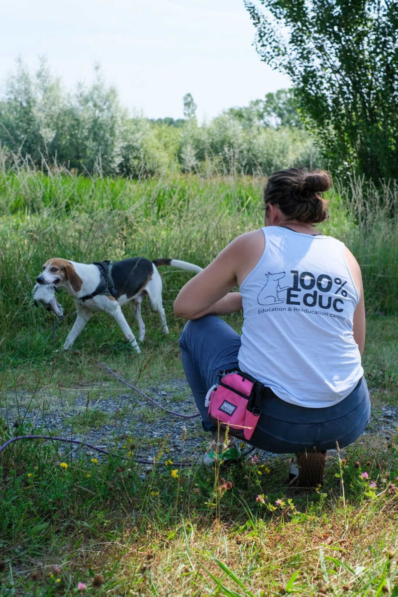 Formatrice 100% Éduc accroupie face à un beagle, dans un pré